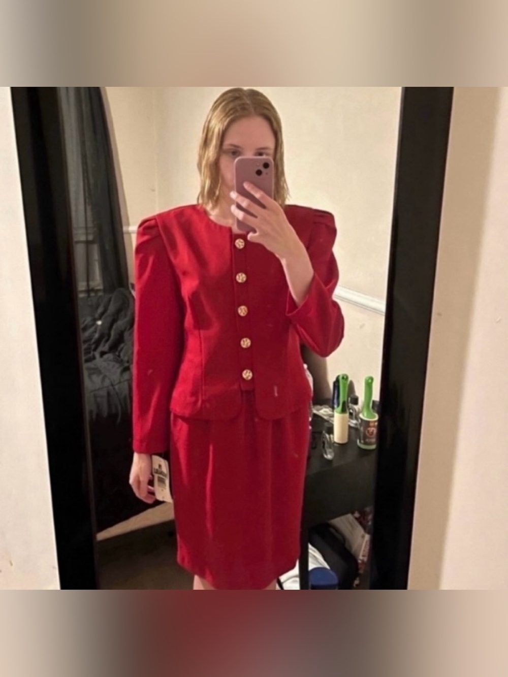 Red Women's Tailored Button-Front Jacket and Skirt Set